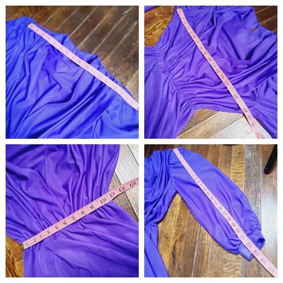 Vintage 90s Purple Chiffon Gathered Long Semi Sheer Sleeve Maxi Dress - Picture 7 of 17